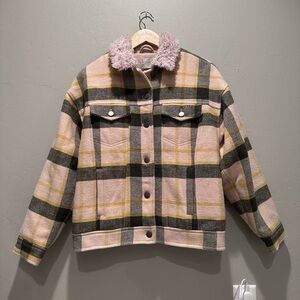 Urban Outfitters Green‎ Yellow Cream Plaid Sherpa Collar Trucker Jacket Sz Small
